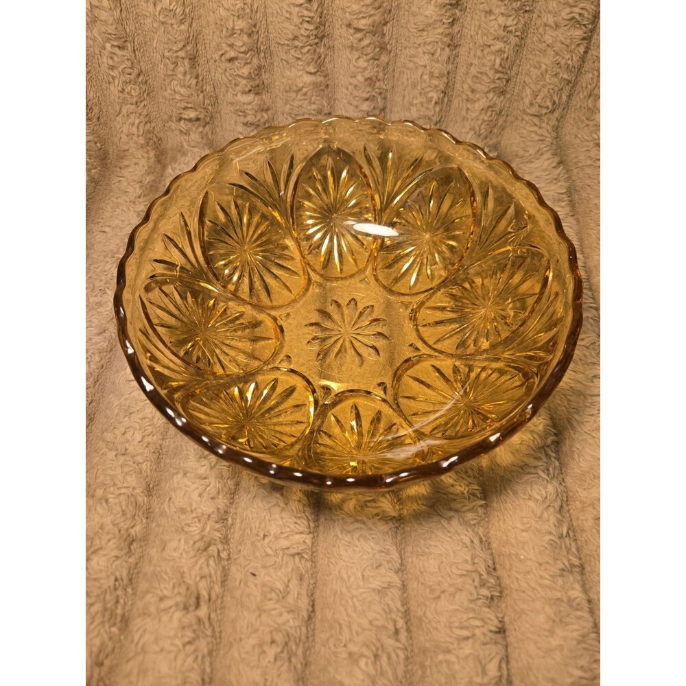 Vintage Amber Pressed Glass Starburst Pattern Scalloped Edge 8 Inch Serving Bowl